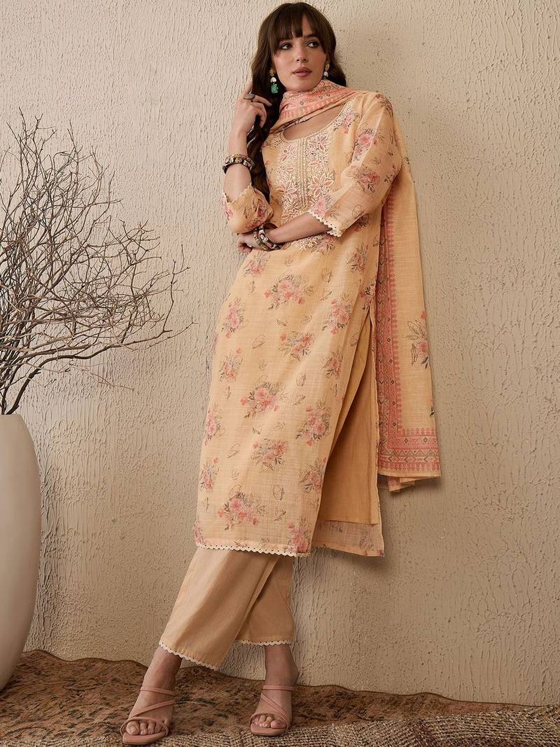 Women Floral Printed Regular Thread Work Linen Kurta with Trousers & With Dupatta