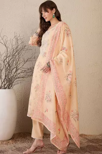 Women Floral Printed Regular Thread Work Linen Kurta with Trousers & With Dupatta