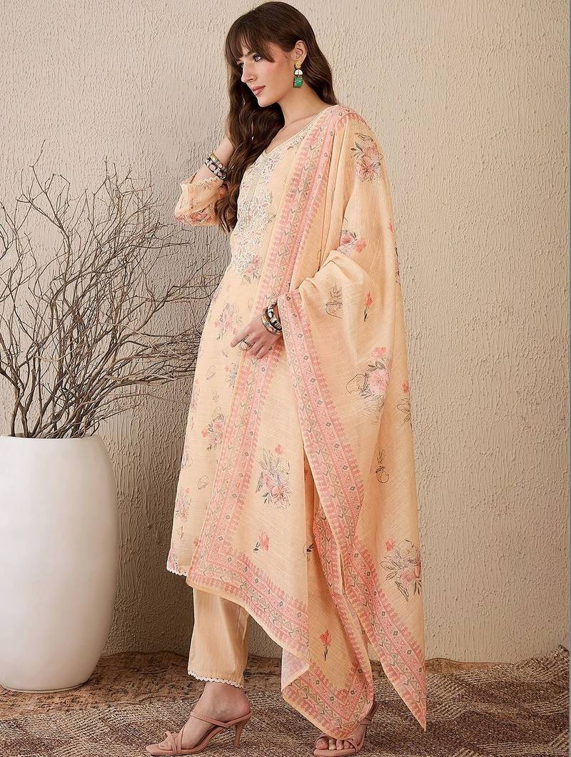Women Floral Printed Regular Thread Work Linen Kurta with Trousers & With Dupatta
