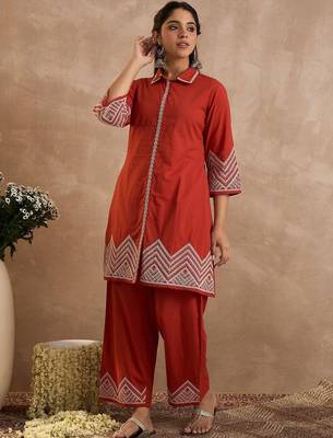 Women Ethnic Motifs Embroidered Regular Thread Work Pure Cotton Kurta with Palazzos 1