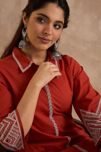 Women Ethnic Motifs Embroidered Regular Thread Work Pure Cotton Kurta with Palazzos