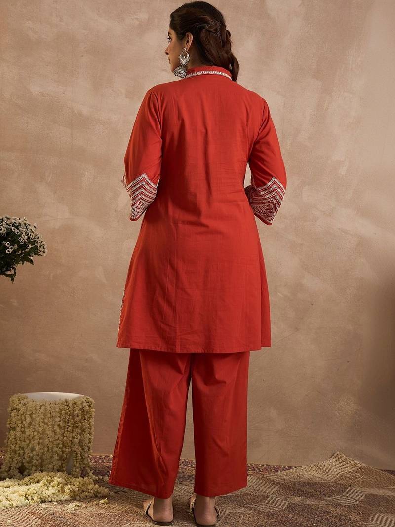Women Ethnic Motifs Embroidered Regular Thread Work Pure Cotton Kurta with Palazzos