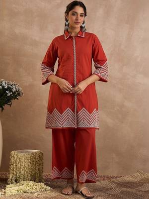 Women Ethnic Motifs Embroidered Regular Thread Work Pure Cotton Kurta with Palazzos 5