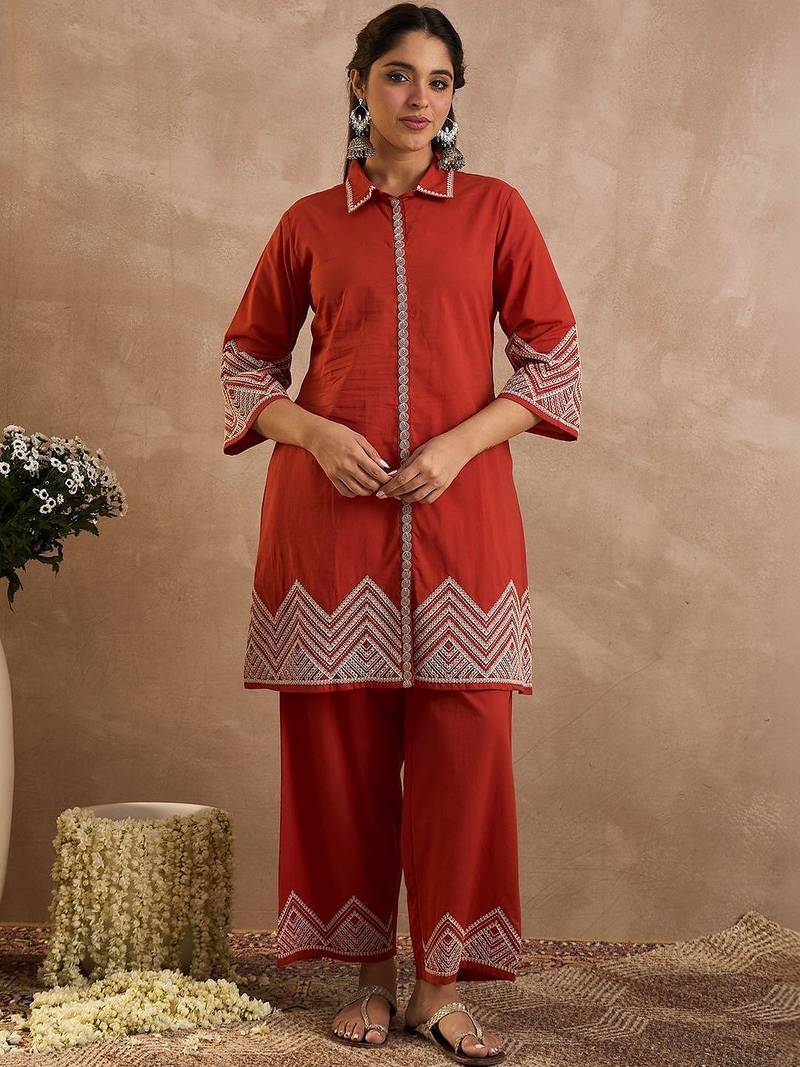 Women Ethnic Motifs Embroidered Regular Thread Work Pure Cotton Kurta with Palazzos