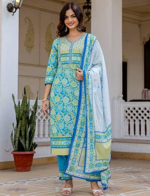 Women Floral Printed Regular Pure Cotton Kurta with Trousers & With Dupatta 1
