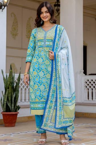 Women Floral Printed Regular Pure Cotton Kurta with Trousers & With Dupatta