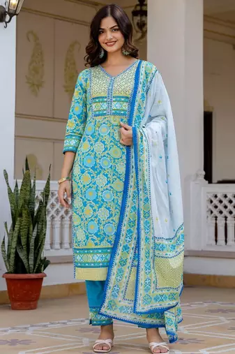 Women Floral Printed Regular Pure Cotton Kurta with Trousers & With Dupatta
