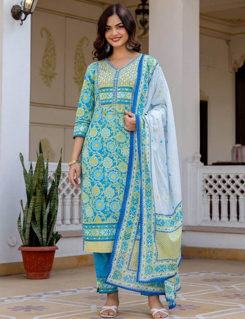 Women Floral Printed Regular Pure Cotton Kurta with Trousers & With Dupatta