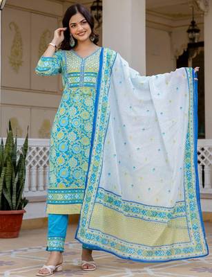Women Floral Printed Regular Pure Cotton Kurta with Trousers & With Dupatta 5