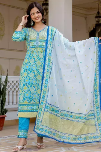 Women Floral Printed Regular Pure Cotton Kurta with Trousers & With Dupatta
