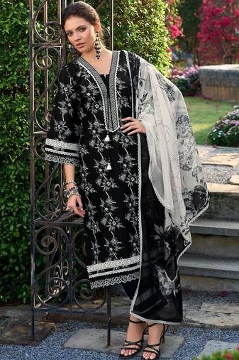 Women Floral Printed Regular Thread Work Pure Cotton Kurta with Trousers & With Dupatta