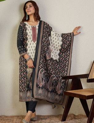 Ethnic Motifs Printed Round Neck Thread Work Pure Cotton Kurta Trousers & Dupatta 4