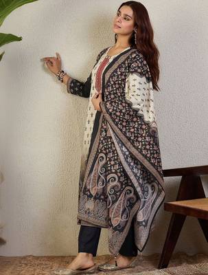 Ethnic Motifs Printed Round Neck Thread Work Pure Cotton Kurta Trousers & Dupatta 5