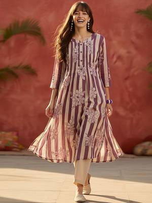 Striped Printed Round Neck Panelled Pure Cotton Kurta With Trousers 1