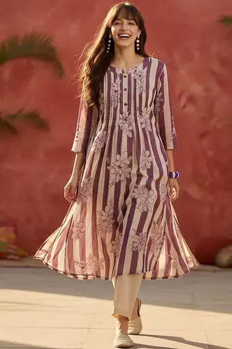 Striped Printed Round Neck Panelled Pure Cotton Kurta With Trousers