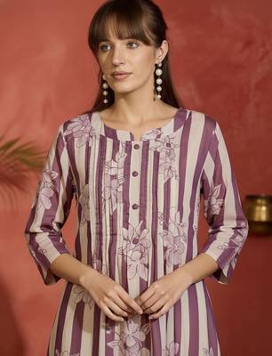 Striped Printed Round Neck Panelled Pure Cotton Kurta With Trousers 2