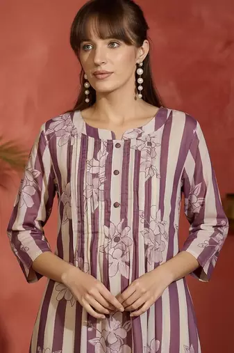 Striped Printed Round Neck Panelled Pure Cotton Kurta With Trousers