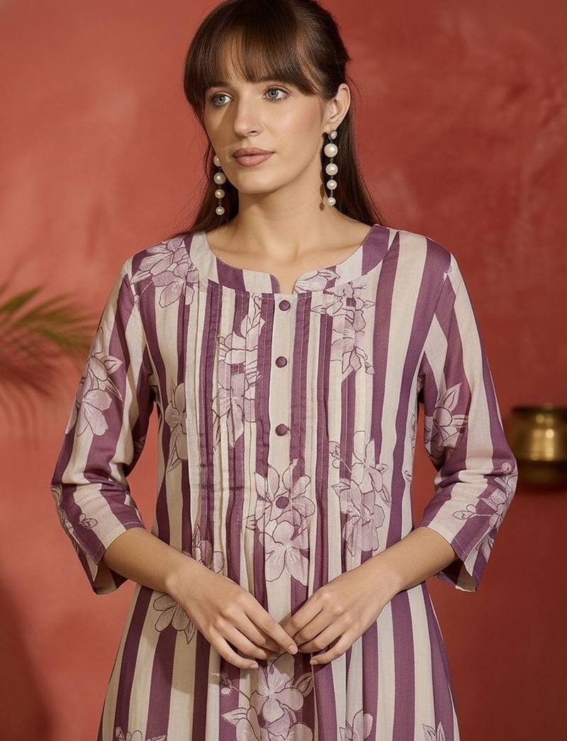 Striped Printed Round Neck Panelled Pure Cotton Kurta With Trousers