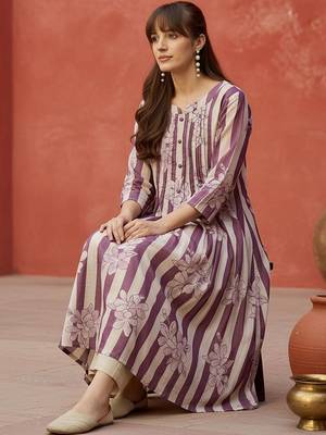 Striped Printed Round Neck Panelled Pure Cotton Kurta With Trousers 3