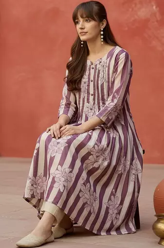 Striped Printed Round Neck Panelled Pure Cotton Kurta With Trousers