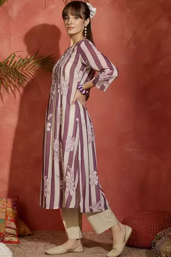 Striped Printed Round Neck Panelled Pure Cotton Kurta With Trousers