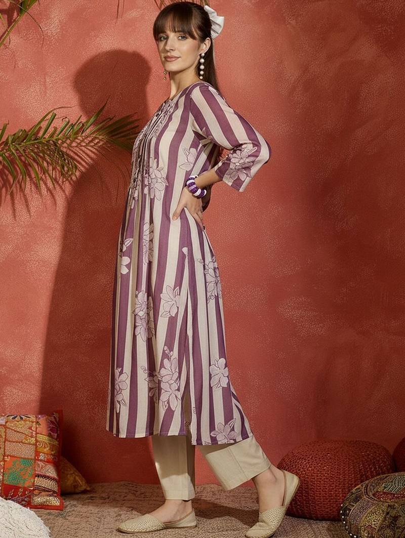 Striped Printed Round Neck Panelled Pure Cotton Kurta With Trousers