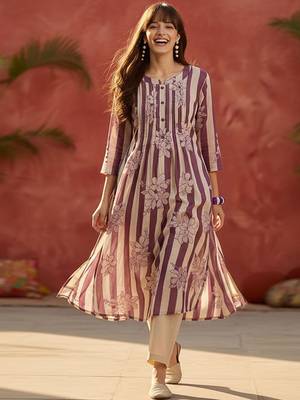 Striped Printed Round Neck Panelled Pure Cotton Kurta With Trousers 5