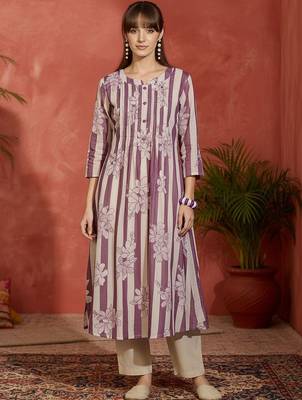 Striped Printed Round Neck Panelled Pure Cotton Kurta With Trousers 6