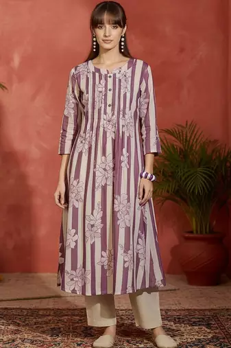 Striped Printed Round Neck Panelled Pure Cotton Kurta With Trousers