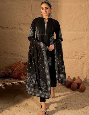 Women Ethnic Motifs Embroidered Cotton Kurta with Trousers & Dupatta 1