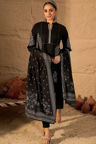 Women Ethnic Motifs Embroidered Cotton Kurta with Trousers & Dupatta