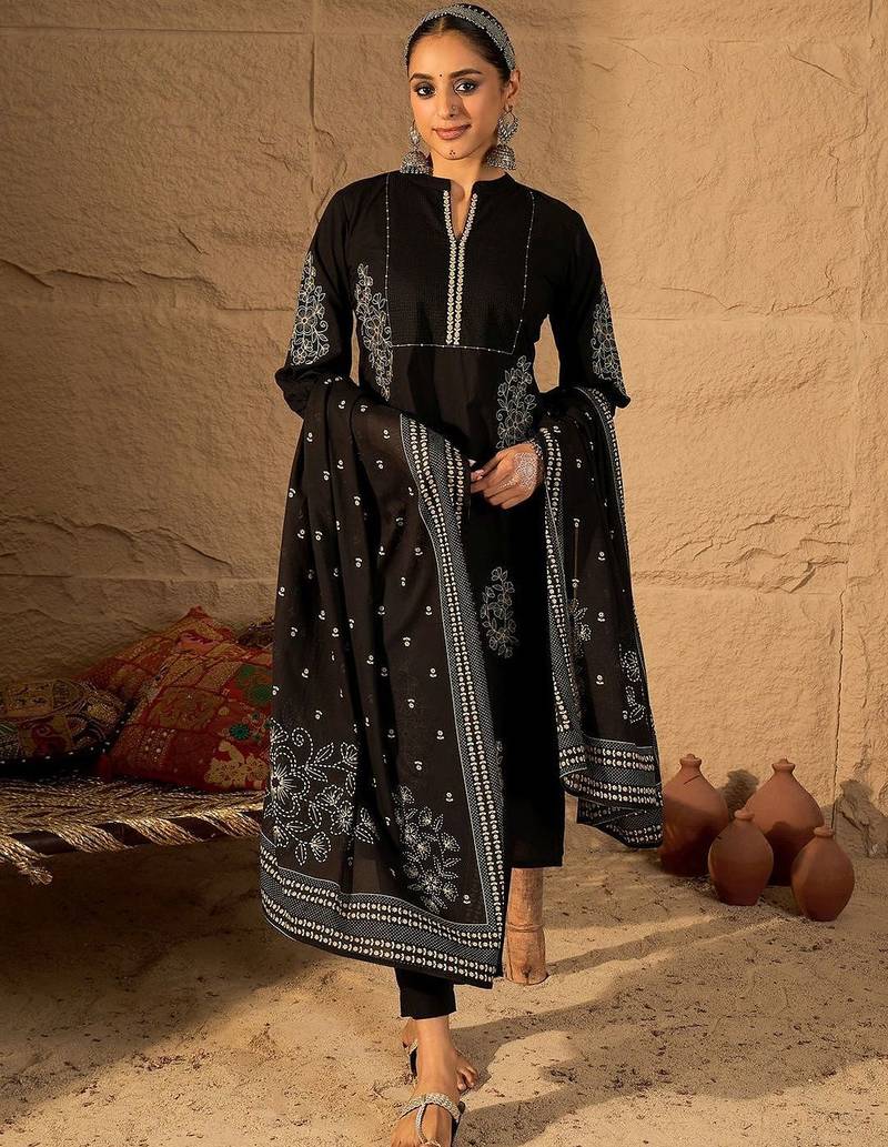 Women Ethnic Motifs Embroidered Cotton Kurta with Trousers & Dupatta