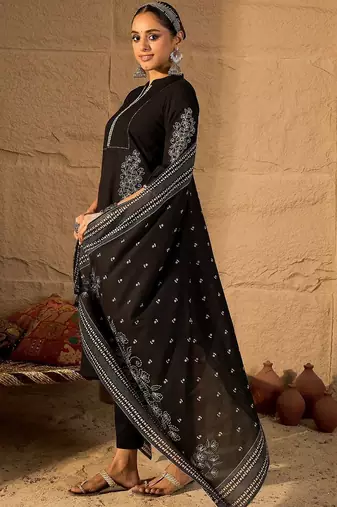 Women Ethnic Motifs Embroidered Cotton Kurta with Trousers & Dupatta