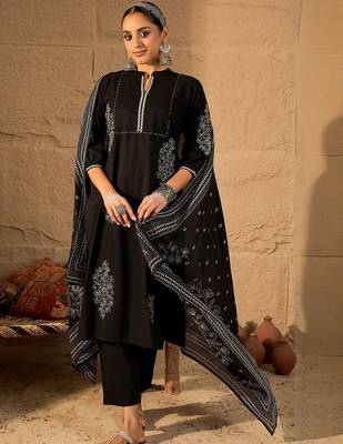 Women Ethnic Motifs Embroidered Cotton Kurta with Trousers & Dupatta 5