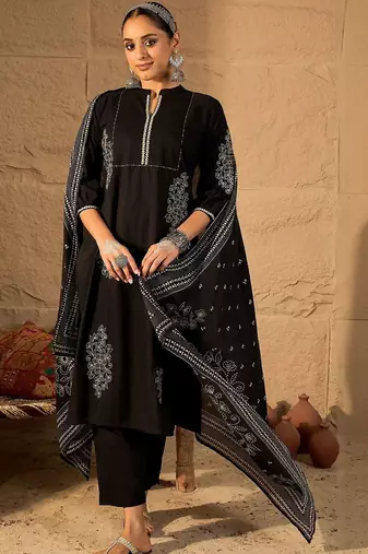 Women Ethnic Motifs Embroidered Cotton Kurta with Trousers & Dupatta