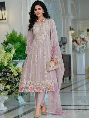 Floral Embroidered Thread Work Organza A-Line Kurta & Trousers With Dupatta 1