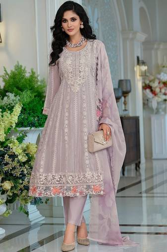 Floral Embroidered Thread Work Organza A-Line Kurta & Trousers With Dupatta