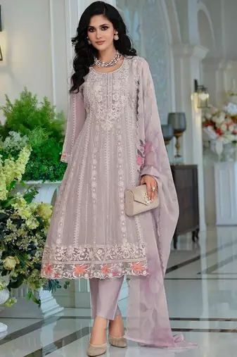 Floral Embroidered Thread Work Organza A-Line Kurta & Trousers With Dupatta