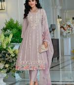 Floral Embroidered Thread Work Organza A-Line Kurta & Trousers With Dupatta