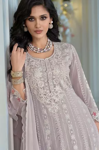 Floral Embroidered Thread Work Organza A-Line Kurta & Trousers With Dupatta