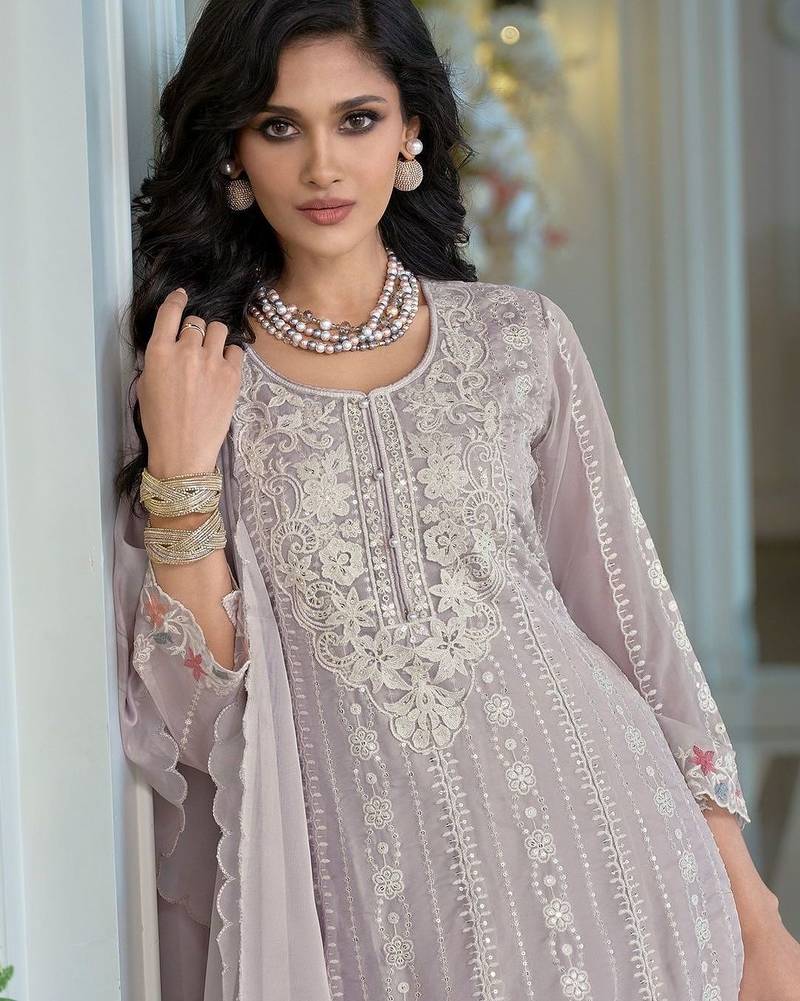 Floral Embroidered Thread Work Organza A-Line Kurta & Trousers With Dupatta
