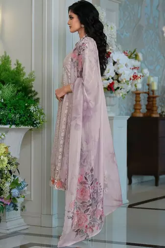 Floral Embroidered Thread Work Organza A-Line Kurta & Trousers With Dupatta