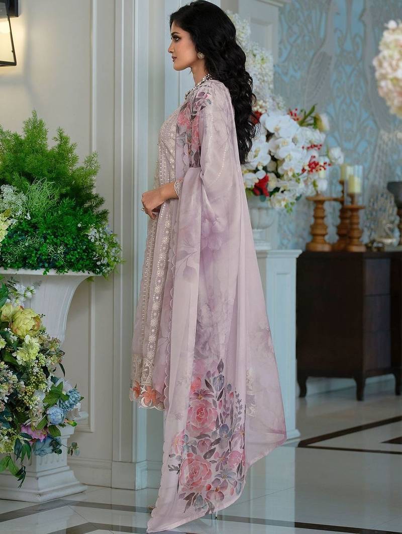 Floral Embroidered Thread Work Organza A-Line Kurta & Trousers With Dupatta