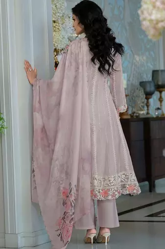 Floral Embroidered Thread Work Organza A-Line Kurta & Trousers With Dupatta