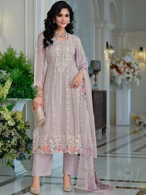 Floral Embroidered Thread Work Organza A-Line Kurta & Trousers With Dupatta 5