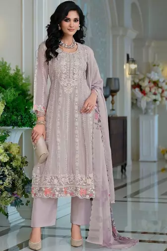 Floral Embroidered Thread Work Organza A-Line Kurta & Trousers With Dupatta