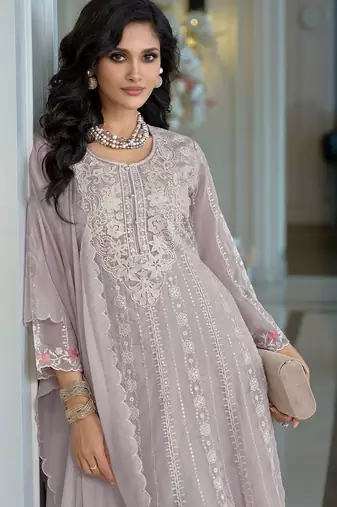 Floral Embroidered Thread Work Organza A-Line Kurta & Trousers With Dupatta