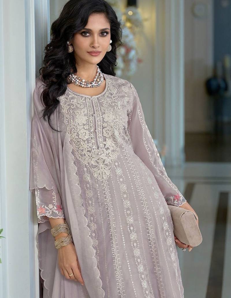 Floral Embroidered Thread Work Organza A-Line Kurta & Trousers With Dupatta