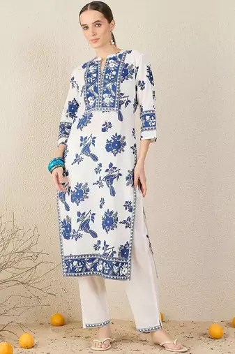 Women Floral Printed Cotton Kurta with Trousers & Dupatta