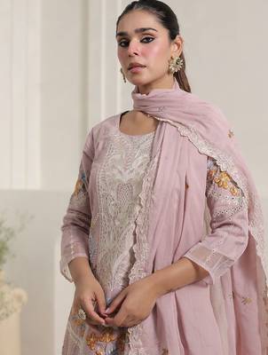 Women Floral Embroidered Sequinned Pure Cotton Kurta with Trousers & Dupatta 6